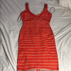 Herve Leger Orange and Cream Striped Sleeveless Bandage Dress